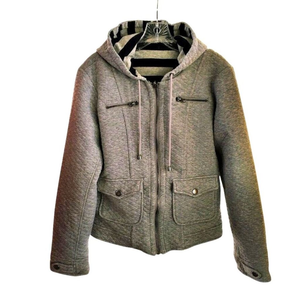 Reversible Moto Hoodie Jacket Talon Zipper Gray Quilted Stripe Womens M